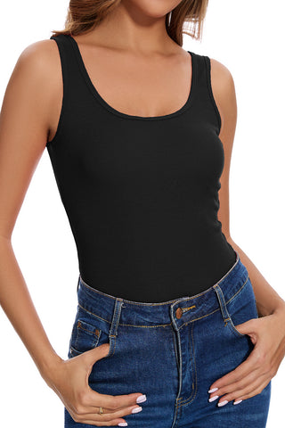 Black Cotton Ribbed Tank Tops for Women Slim Fit Scoop Neck